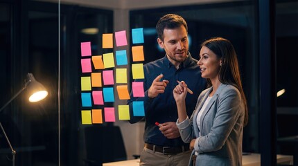Colleagues Brainstorming Strategy with Sticky Notes on Glass Wall at Night