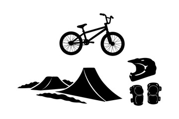 Obraz premium Silhouette of bmx bike with gear and ramps for extreme sports enthusiasts