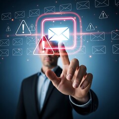 Corporate professional in a suit navigating a virtual dashboard filled with envelope icons and prominent red security warning symbols.