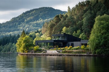 Fototapeta premium A picturesque mountain house sits by a serene lake, embraced by lush trees and rolling hills, captured beautifully in the daytime with fluffy clouds above