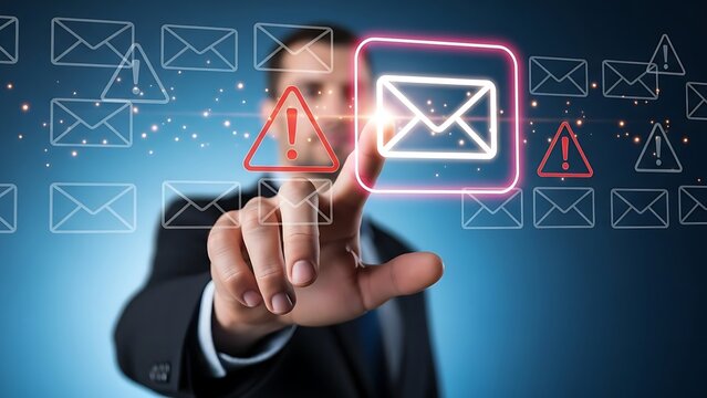​A professional businessman interacting with a holographic display featuring red warning icons and digital email symbols for cybersecurity concepts. - Powered by Adobe