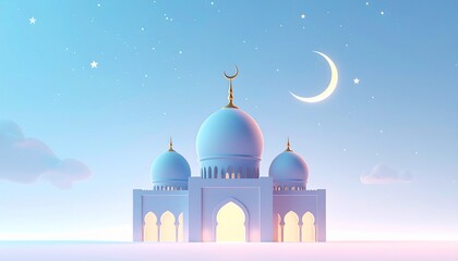 Sacred islamic mosque with crescent moon and soft light, ramadan kareem spiritual background