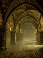 Obraz premium Ancient stone corridors create a mysterious atmosphere while a digital backbone background adds a unique touch to the scene.