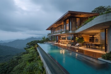 Fototapeta premium Mountain villa with large swimming pool surrounded by trees and hills during evening hours with soft lighting from the interior showing a cozy space for relaxation and gathering