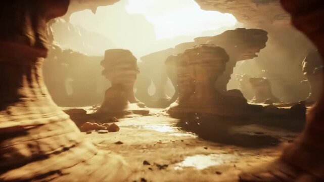 Cinematic tracking video gliding through an immense, abstract organic cavern, revealing warm-toned rock, sunlit dust motes, and atmospheric haze. Deep discovery and enduring natural strength