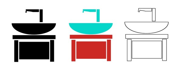 Bathroom sink icon set, washbasin with cabinet in silhouette, flat color and outline styles, vector vanity furniture collection for UI design