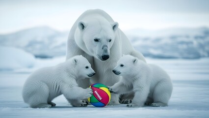 Polar bear mother watches her playful cubs with a colorful rugby ball in arctic snow.