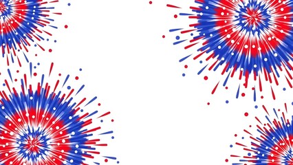 Vibrant red white and blue firework explosions on white background