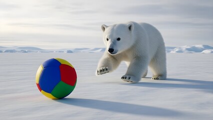 Playful young polar bear cub approaches colorful soccer ball on vast snowy arctic landscape during bright daylight.