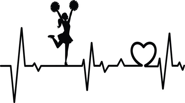 Cheerleader heartbeat pulse line silhouette with pom poms and heart, cheerleading sports vector illustration for fans