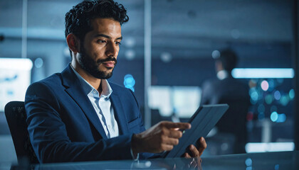 Tech Savvy in Action: A focused man navigates a sleek digital tablet with intent, operating in a modern, technology-driven workspace environment.