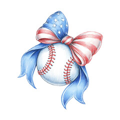 Fototapeta premium Illustration of baseball with American flag ribbon bow, patriotic 4th of July sports clipart in watercolor style on a white background. 
