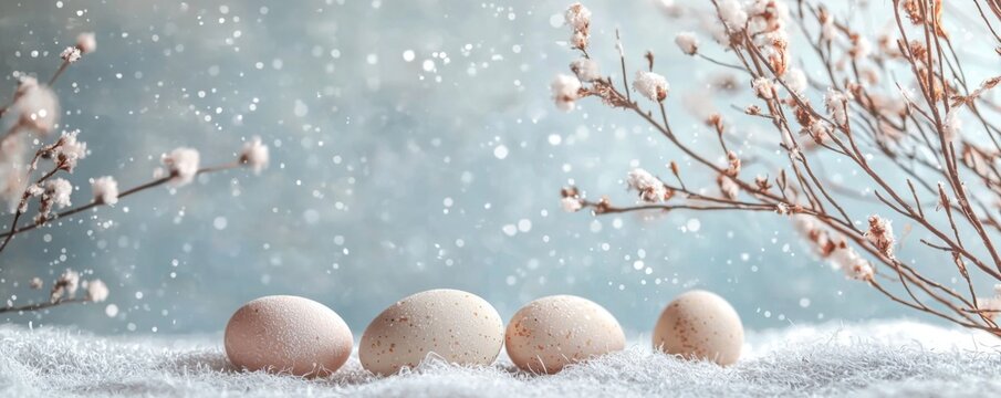 Banner with beautiful arrangement of eggs and delicate branches captured on soft background. Easter celebration.