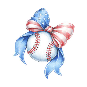 Illustration of  baseball with American flag ribbon bow, patriotic 4th of July sports clipart in watercolor style on a white background.	