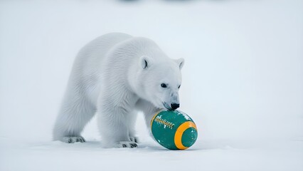 Young polar bear cub curiously investigates a colorful football while playing in a snowy arctic landscape