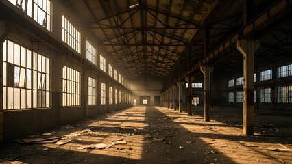 Sunlit interior of abandoned industrial warehouse with large windows and debris covered concrete floor