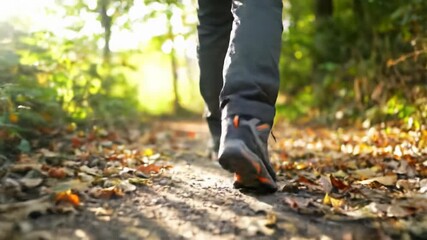 Low-angle tracking video of legs in charcoal hiking pants and grey boots stepping on a sun-dappled autumn leaf path in a lush forest with golden hour bokeh. Concept of serene nature connection