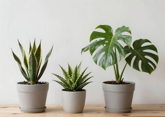 Potted aloe and monstera plants bathed in natural light with green lush leaves