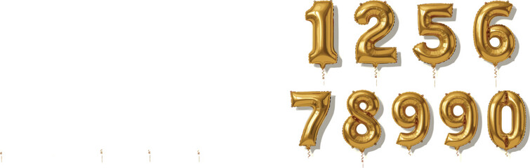 Set of gold metallic foil number balloons from zero to nine isolated on white background for anniversary celebrations. © Mukta  Creative