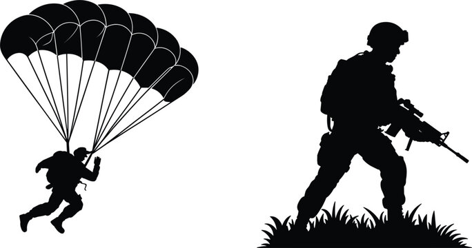 Military soldier silhouette with parachute and special forces tactical operator with rifle, army combat vector illustration