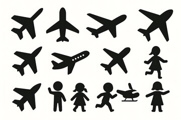 Black silhouettes of airplanes and children arranged in grid pattern for educational and design use