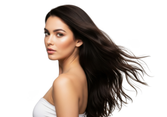 Beautiful woman with long dark hair isolated on transparent background