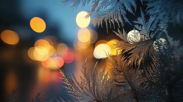 Frost-covered fir branches frame warm orange and red bokeh lights from car taillights and street lamps at dusk, evoking a magical winter evening vibe