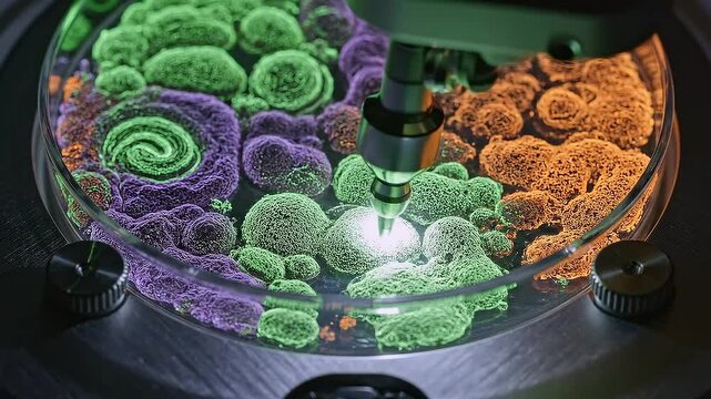 Colorful bacteria colonies under microscope, Multicolored microbial growth observed through magnification tools, Vivid bacterial colonies illuminated on agar viewed with detailed microscopy equipment