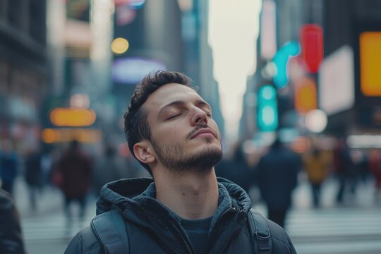 Man with closed eyes enjoys a moment of calm amidst the bustling crowd in a busy city street
