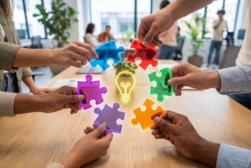 Diverse hands connecting colorful puzzle pieces around a glowing lightbulb