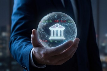 Man holding a glowing digital globe with a bank icon for global finance