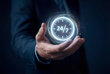 Businessman holding a glowing 247 clock icon in his open hand