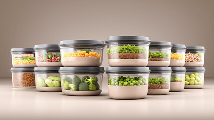 Several meal prep containers arranged in rows with balanced dishes. Concept of meal planning, diet organization and controlled nutrition.