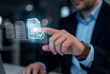 Man tapping virtual document with a prominent checkmark for digital approval