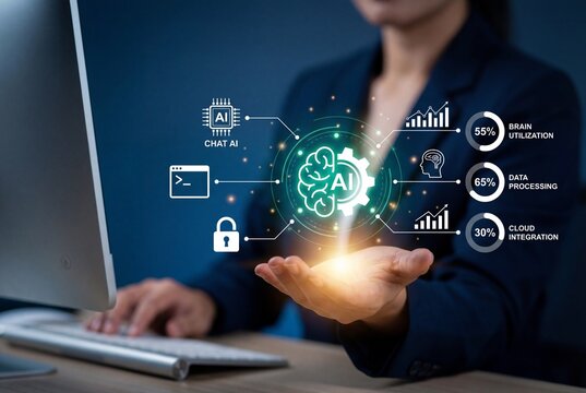 Businesswoman displaying artificial intelligence concepts on her open palm - Powered by Adobe