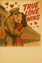 Retro Valentine's Day Military Couple Kissing at Train Station