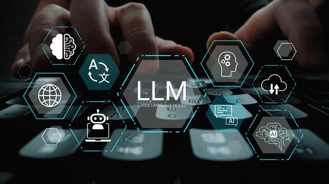 Close-Up of Hands Typing on Keyboard with Abstract Icons Representing LLM and Technology Concepts, Showcasing Digital Innovation and Artificial Intelligence Landscape Gluon.