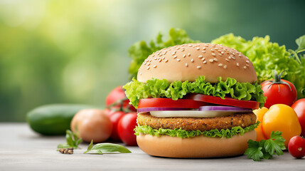 Vegan burger served against a background of fresh vegetables, healthy plant based alternative to junk food, clean eating, conscious nutrition and modern lifestyle concept.