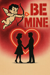 Cupid aims at romantic couple holding hands on Valentine's Day