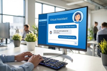 Man typing on a keyboard with a virtual assistant interface on a desktop monitor