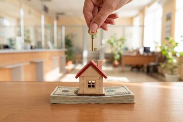 Woman hand holding a golden key over a miniature wooden house on money stacks