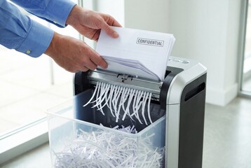 Man feeding sensitive documents into a paper shredder for destruction