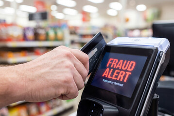 Man holding credit card at point of sale terminal displaying fraud alert