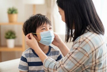 Asian mother adjusting protective face mask on young son for health safety