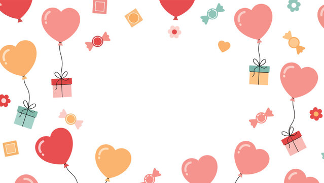 Valentine&rsquo;s Day Heart Balloon Frame with Gifts and Candy Background