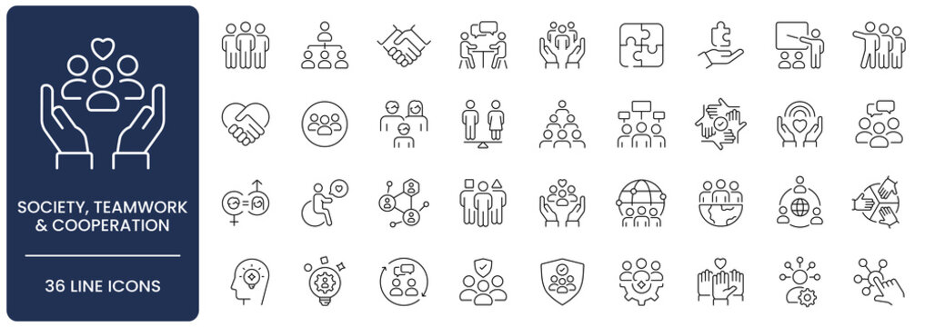 Society, Teamwork, and Cooperation Icon Set with Editable Stroke. Collection of community, collaboration, diversity, people, inclusion, partnership, volunteering, and social responsibility symbols.