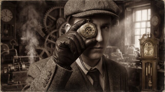 Vintage Steampunk Man Holding Pocket Watch to Eye in Retro Clock Workshop