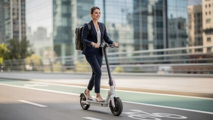 Businesswoman Riding Electric Scooter to Work in City. Represents eco-friendly transport, urban mobility, and modern commuting.