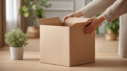 A person unpacking a cardboard box in a cozy interior, symbolizing moving into a new home, organization, and home improvement.