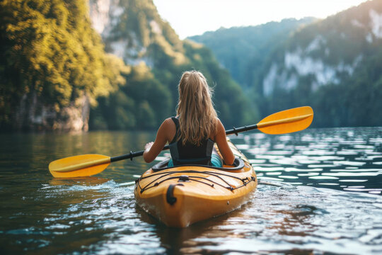 Kayaker paddling through tranquil waters surrounded by lush greenery and cliffs in the late afternoon sun